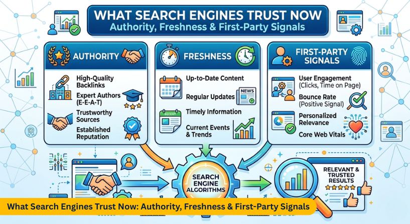 Search engines trust factors 2026 authority freshness first party content