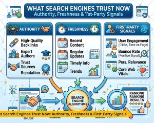 Search engines trust factors 2026 authority freshness first party content